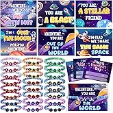 Capoda 24 Pack Valentines Day Cards Gifts for Kids - Space Valentines Day Cards with Friendship Bracelets for Classroom Exchange Gifts Prizes Boys Girls Birthday Party Favors Supplies