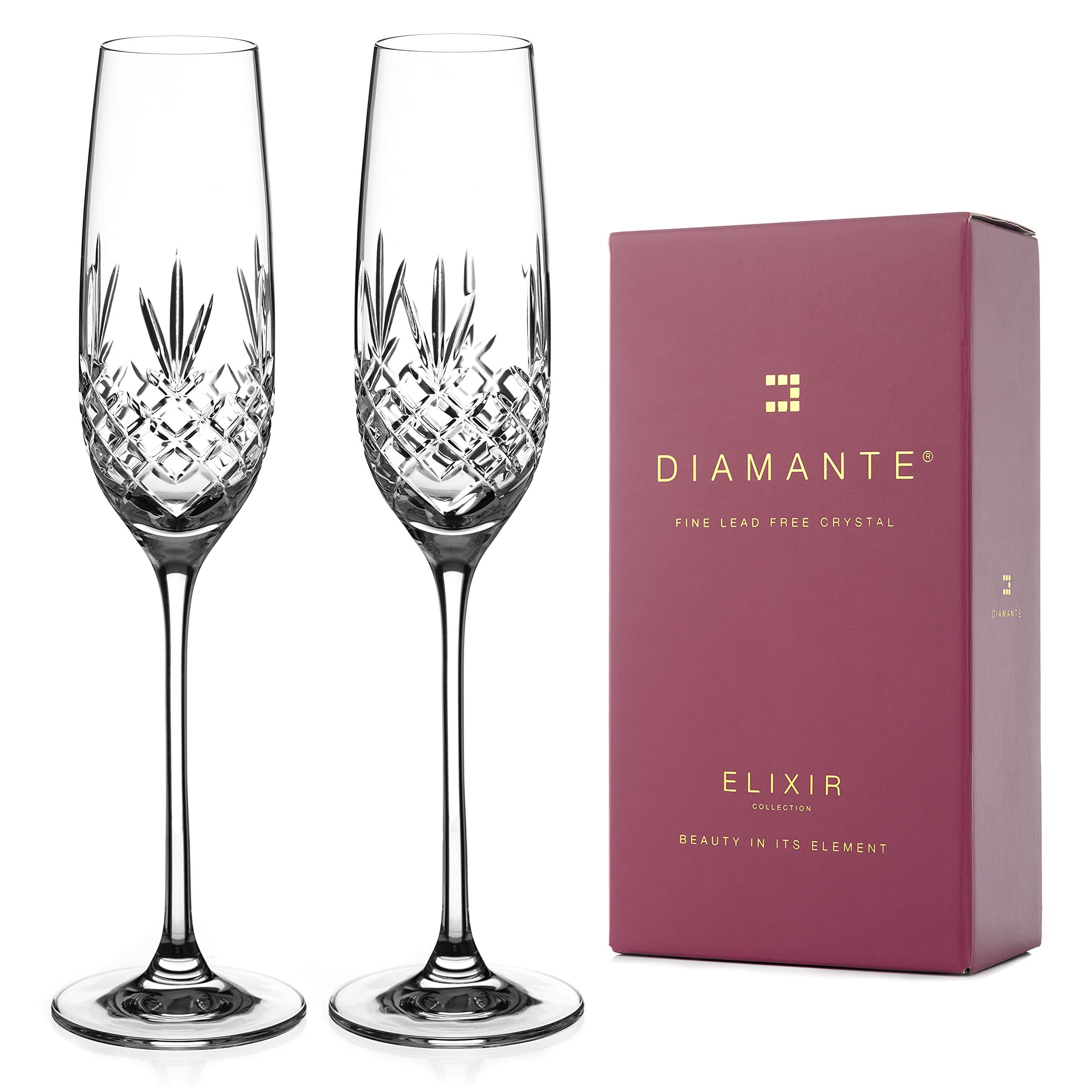 DIAMANTE Champagne Flutes Crystal Prosecco Glasses - ‘Buckingham’ Traditional Hand Cut Flutes - Set of 2