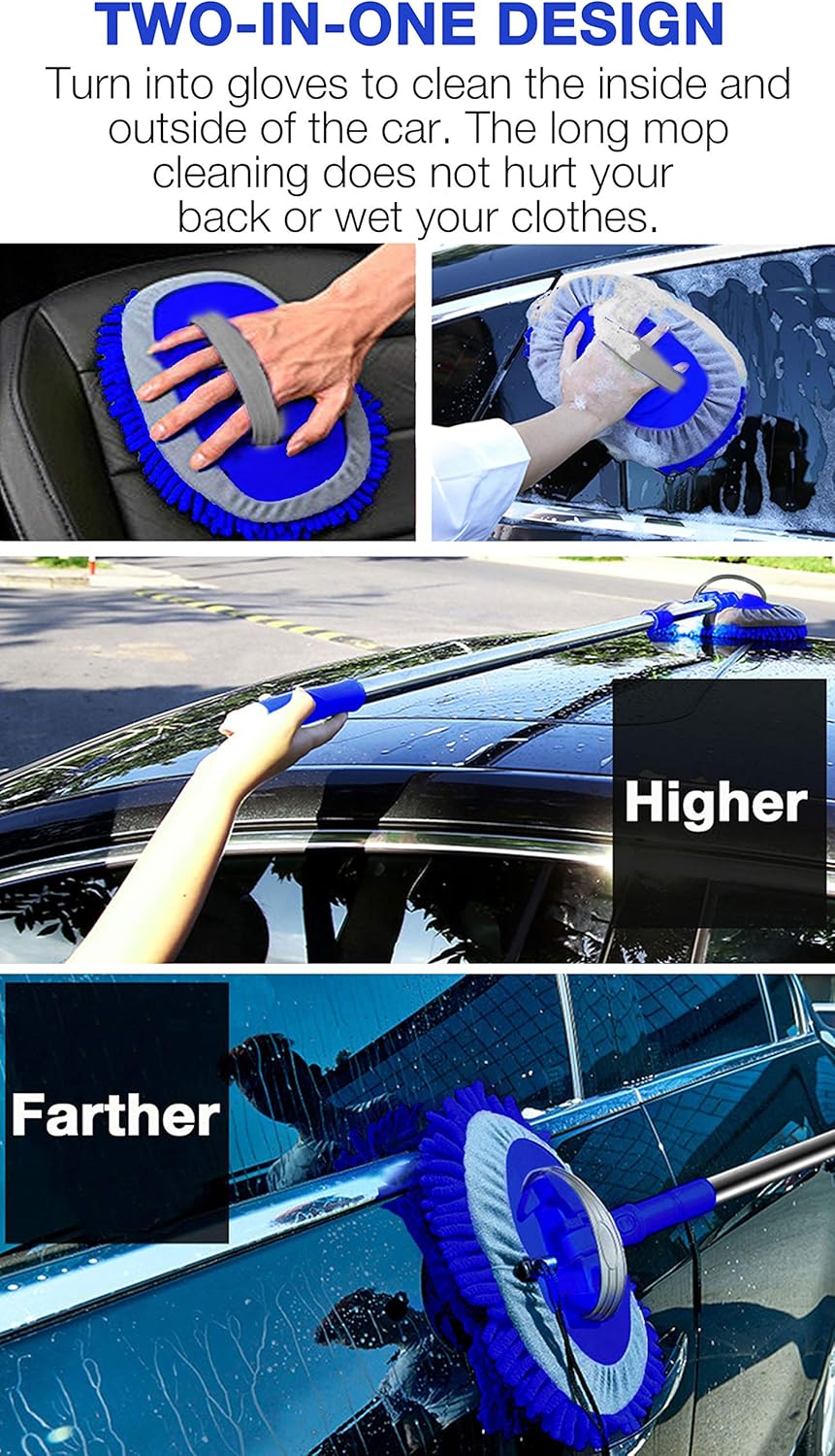 WillingHeart 47.5" Car Wash Brush Mop Cleaning Tool with Long Handle Kit for Washing Detailing Cars Truck, SUV, RV, Trailer, Boat 2 in 1 Chenille Microfiber Sponge Duster Not Hurt Paint Scratch Free: Automotive