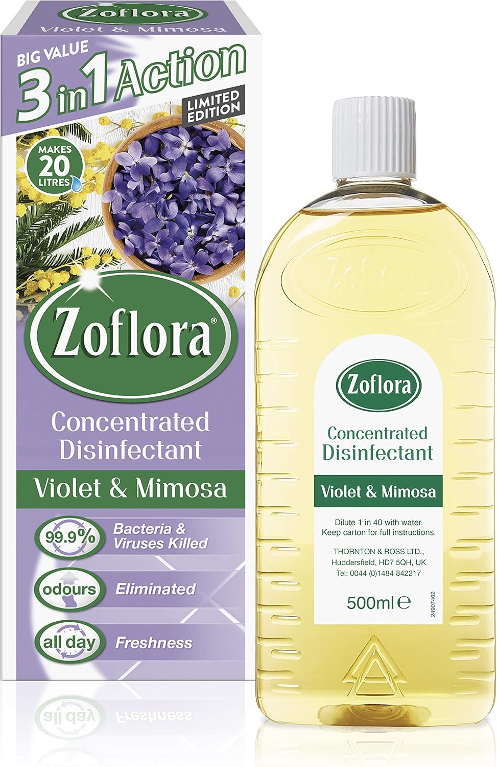 Zoflora Violet and Mimosa 500ml, Concentrated 3-in-1 Multipurpose Disinfectant Kills 99.9% of Bacteria & Viruses