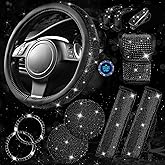 CAR PASS 11 PCS Bling Diamond Car Accessories for Women, Sparkly Rhinestone Steering Wheel Cover, Bling Seat Belt Cushion, Glitter Shift Knob Cover, Car Cup Holder Coaster, Cute Interior Sets Black