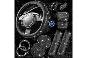 CAR PASS 11 PCS Bling Diamond Car Accessories for Women, Sparkly Rhinestone Steering Wheel Cover, Bling Seat Belt Cushion, Glitter Shift Knob Cover, Car Cup Holder Coaster, Cute Interior Sets Black
