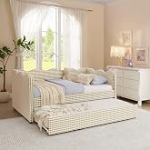 DEINPPA Twin Size Gingham Daybed with Trundle and USB Ports-Brown | Upholstered Daybed for Bedroom Living Room Guest Room