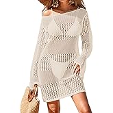 BreathSunny Womens Crochet Boat Neck Swimsuit Coverup Summer 2025 Long Bell Sleeve Beach Bathing Suit Cover Up Mini Dress