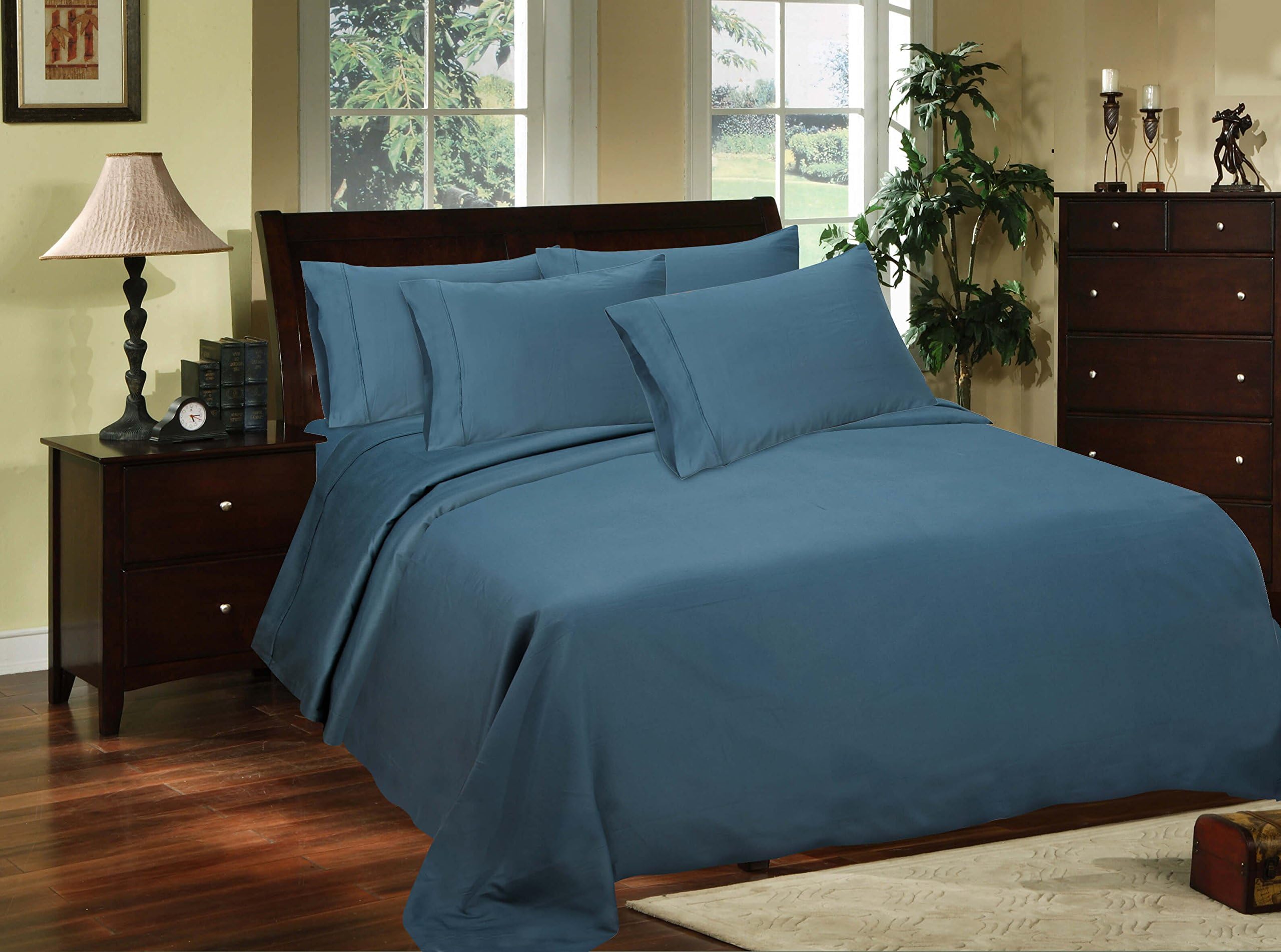 Cotton Rich Satin Sheet Set, Blue King Luxury Sheet 6 Piece Set, Cotton Blend Sheet Set, Breathable and Sliky Satin Weave by Linen Home