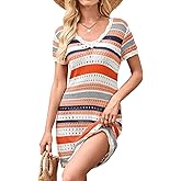 Falechay Women Bathing Suit Cover Up Striped Crochet Eyelet Swimsuit Coverup Summer Knit Lace Beach Vacation Cruise Dress