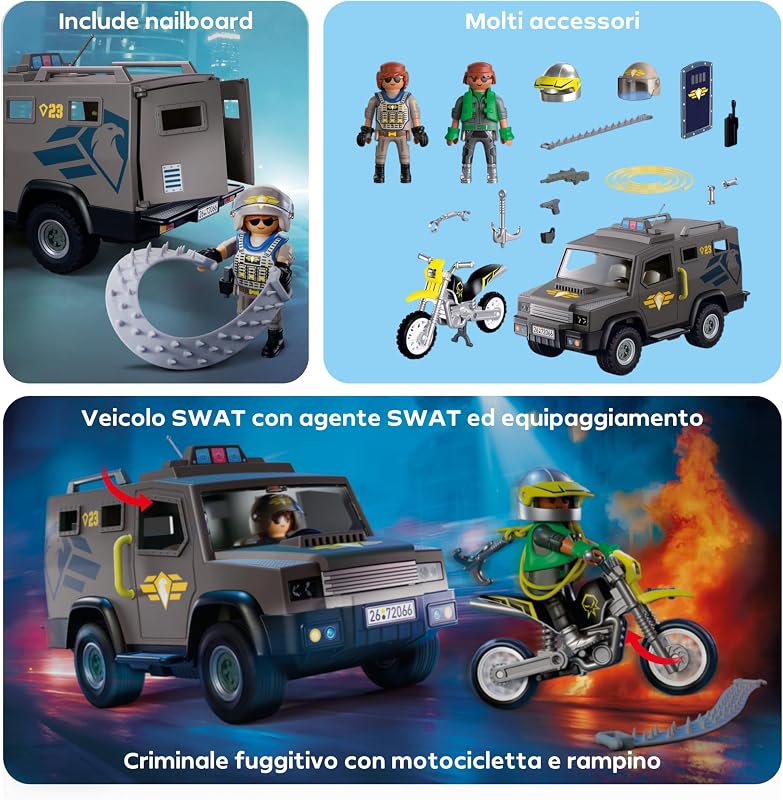 | City Action | Veicolo SWAT | Con agente di polizia, motocicletta criminale e striscia chiodata | Giocattolo per bambini dai 4 anni in su | 72066