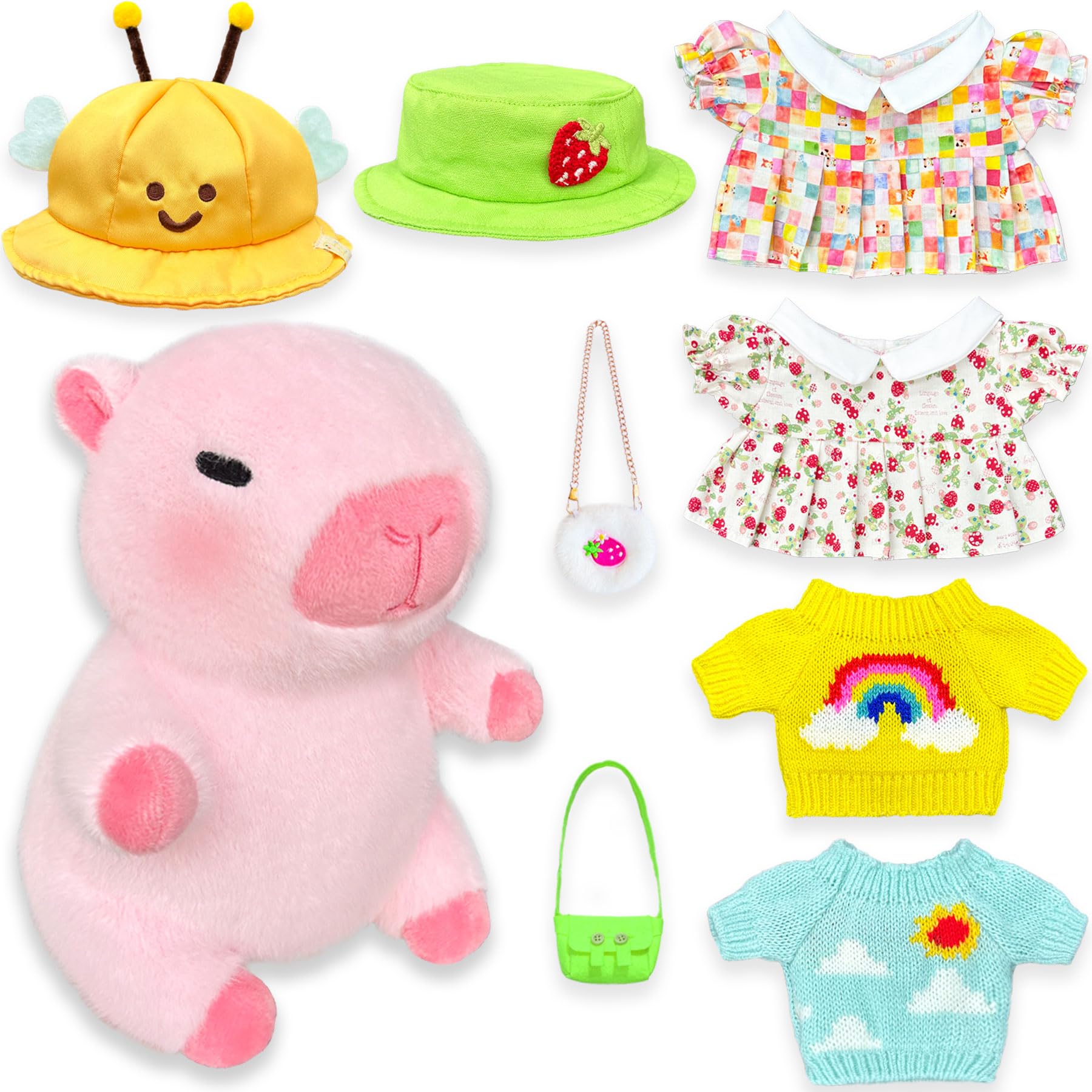 Kireidane Capybara Plush with 9 pcs Clothes & Accessories, 10.2 in Cute Capybara Stuffed Animal Plush Toys, Dress Up Cute Plushies for Girls/Boys (Pink Yellow)