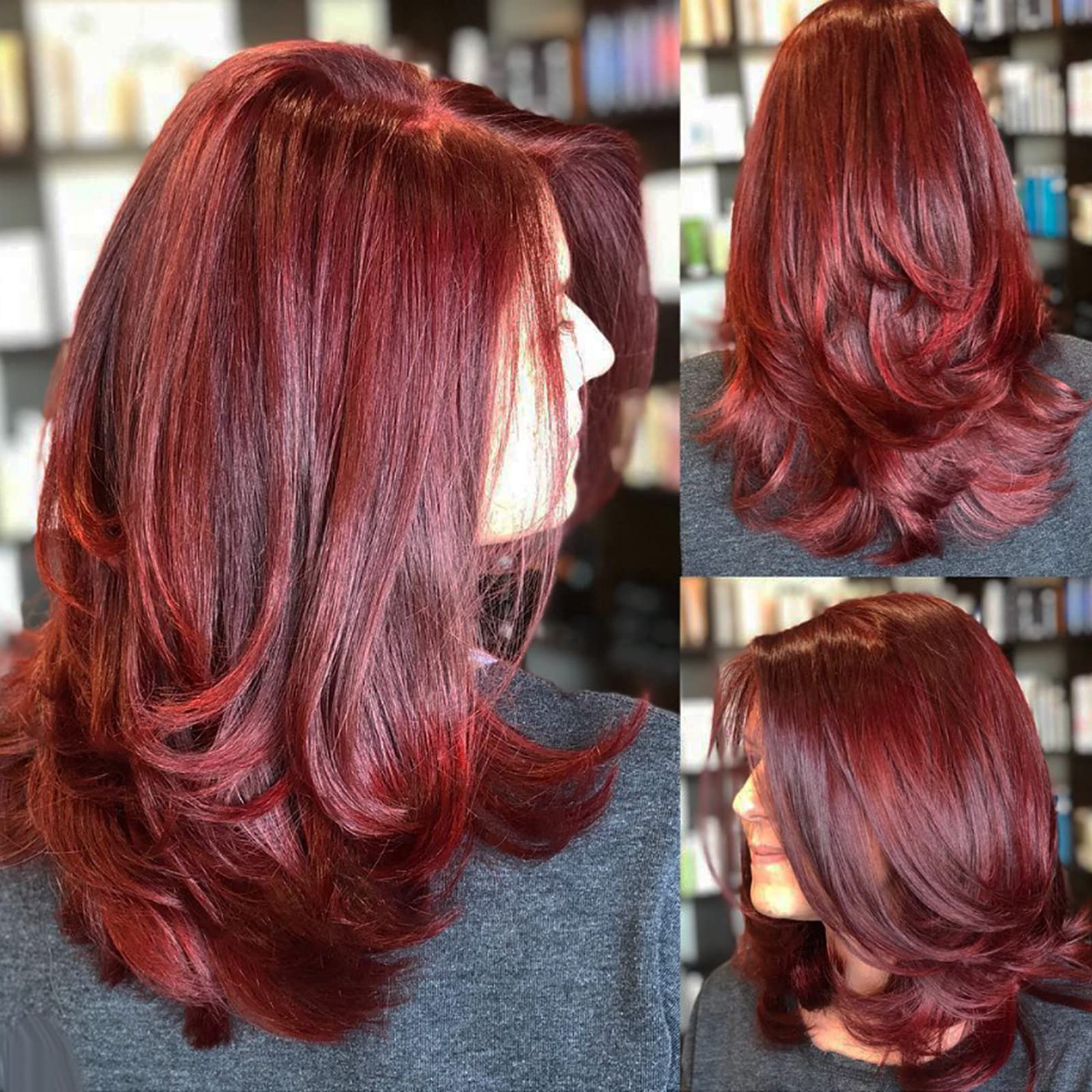 Photo 1 of LEOSA Long BUG Layered Wigs for Women Red Layered Cut Wig 16Inch Natural Wave for Daily Party Use for Women Fashion Soft Synthetic Hair Replacement Wig (16Inch, Mixed Burgundy#)