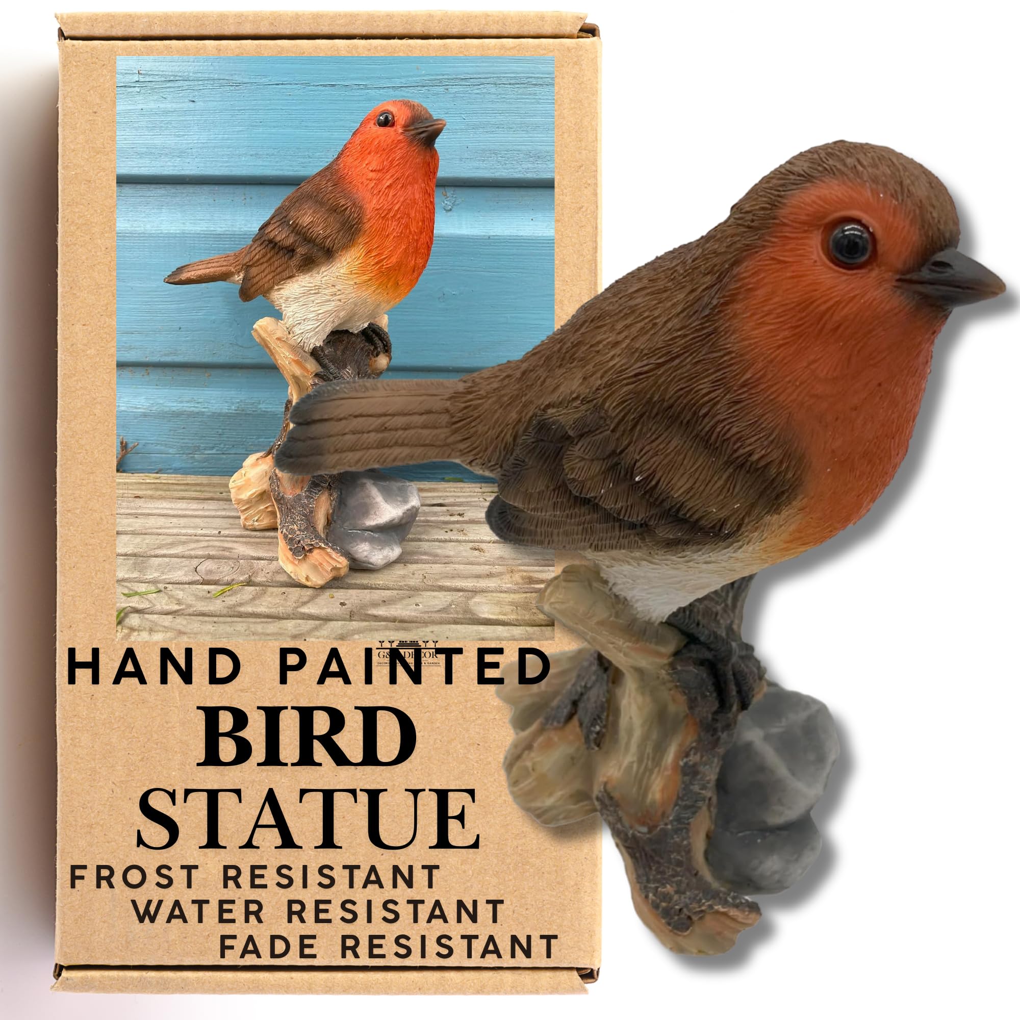 G&H Decor - 20.5cm Robin Garden Ornaments Outdoor - Hand Painted Robin Gifts - Amazing Detail Robin Robin for Indoor Outside Use - Weather Resistant Red Robin Ornaments Gifts for Outdoors - Robin Red