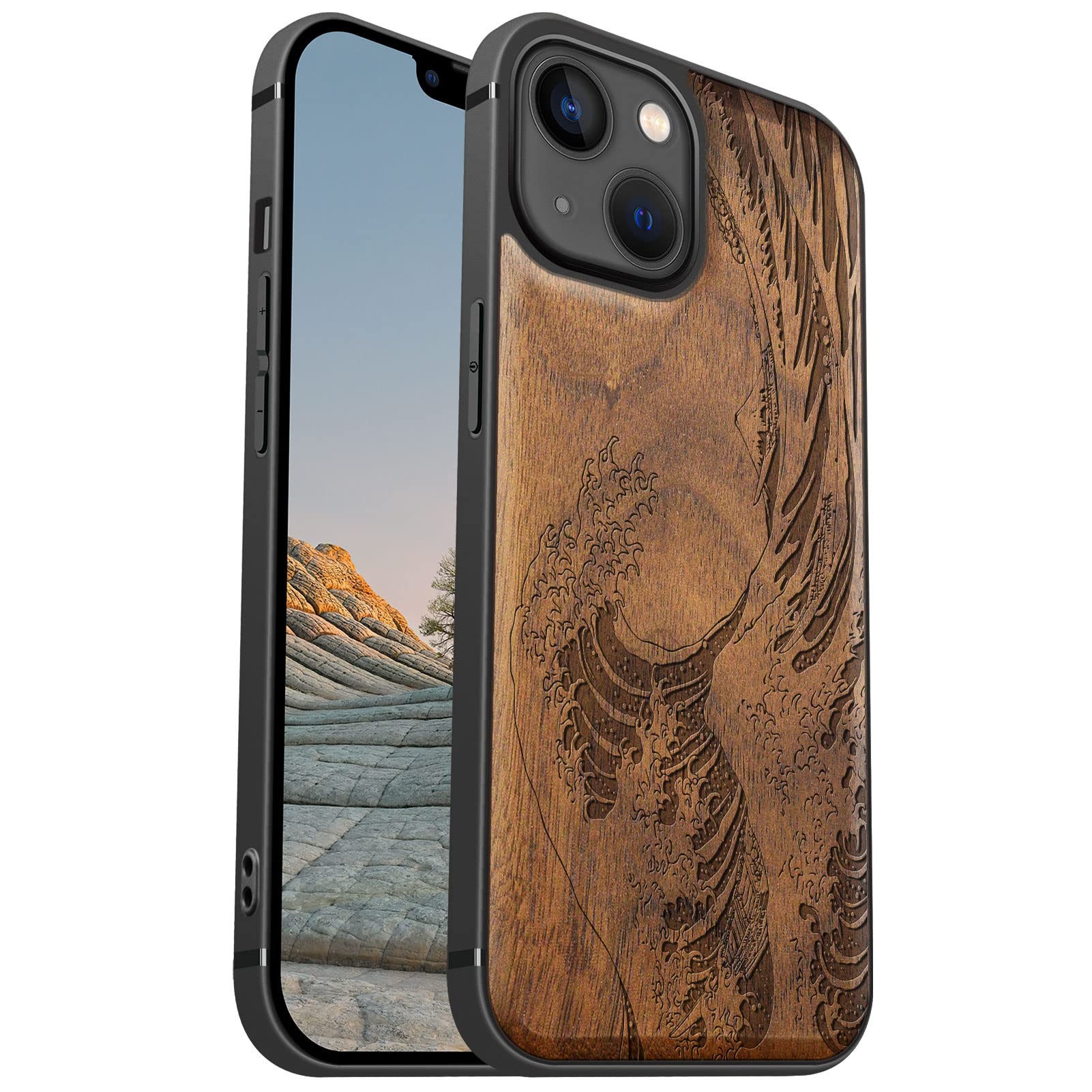 Carveit Magnetic Wood Case for iPhone 13 Case [Hard Real Wood & Soft TPU] Shockproof Protective Cover Wooden Design Bumper Case Compatible with MagSafe (Wave Kanagawa-Walnut)