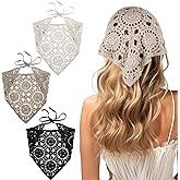 Kifmurase 3 Pcs Crochet Bandanas Headbands, Crochet Headband Knitted Triangle Head Hair Scarf, Vintage Knit Lace Floral Hollow Kerchief Hairband for Hair Styling Accessories Decor (Beige/Black/Gray)