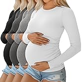 Ficerd 4 Pack Women's Maternity Shirts Cotton Long Sleeve Ribbed Crew Neck Pregnancy Tops Side Ruched Casual Mama Clothes