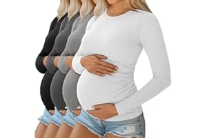 Ficerd 4 Pack Women's Maternity Shirts Cotton Long Sleeve Ribbed Crew Neck Pregnancy Tops Side Ruched Casual Mama Clothes