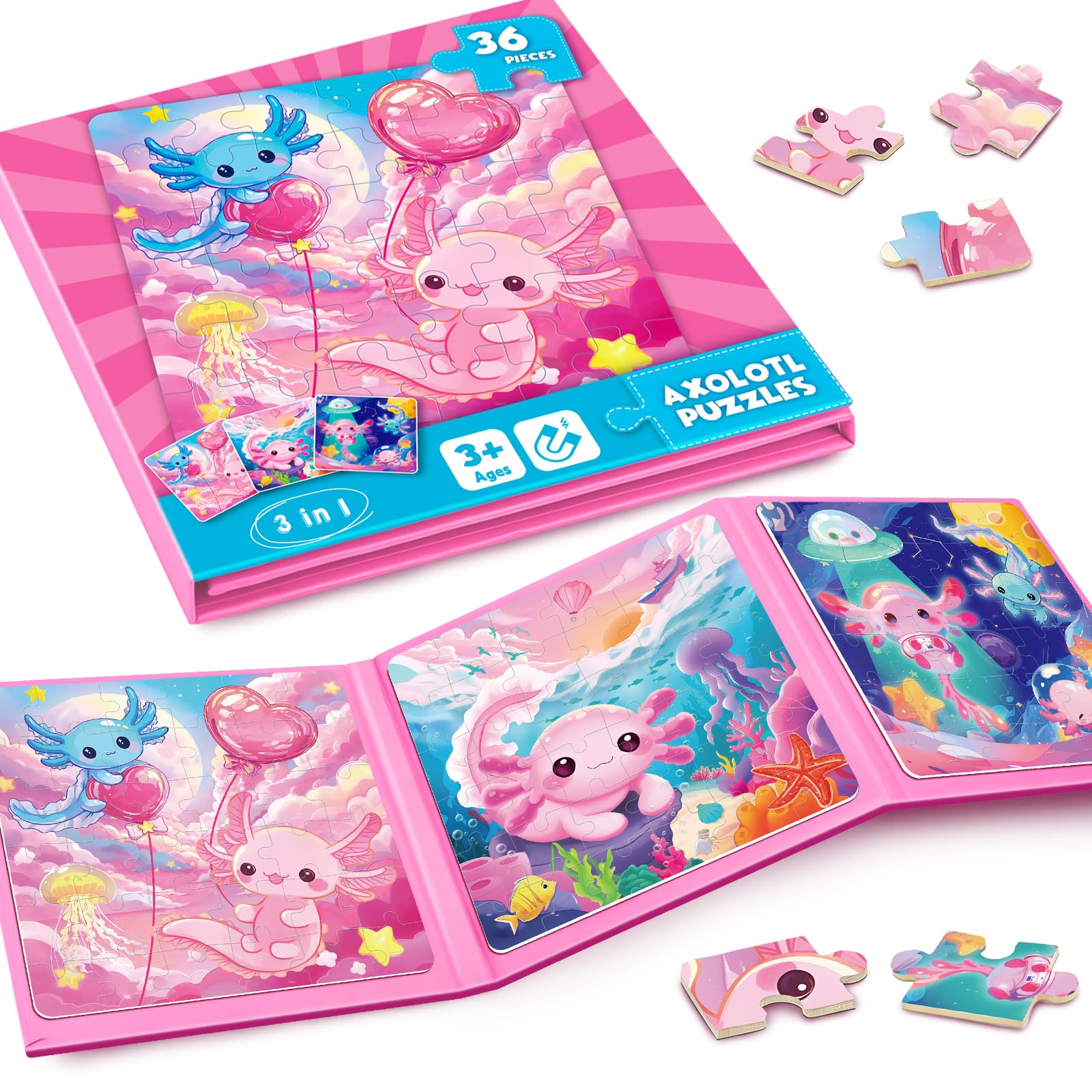 Photo 1 of Magnetic Jigsaw Puzzles for Toddlers Kids 3-8 Girls,(3 36-Pieces) Travel Puzzles Toys for Kids Ages 4-6,Take-Along Car Airplane Road Trip Activities Game for 3 4 5 6 7 8 Year Old Birthday Gift,Axolotl
