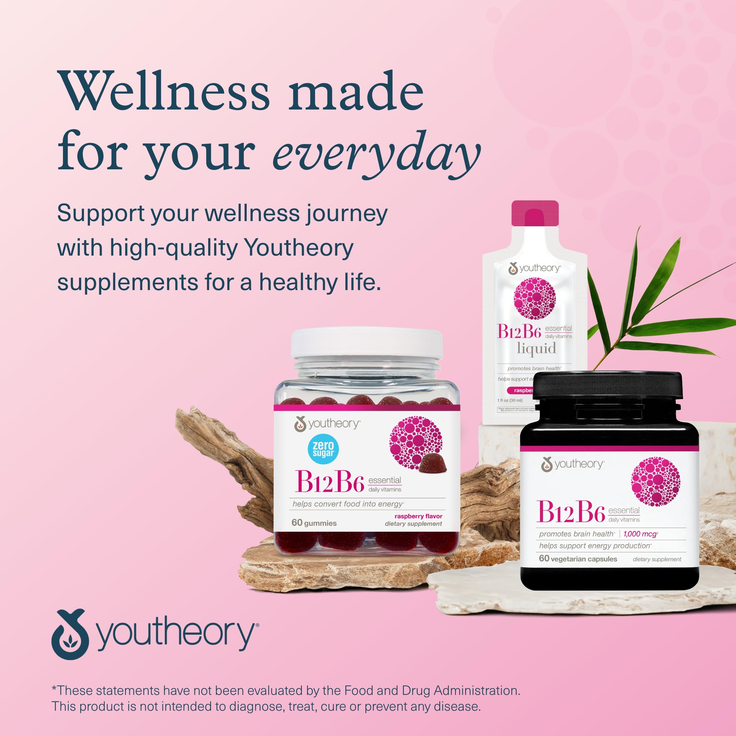 Youtheory B12B6 - Vegan Vitamin B6 & Vitamin B12 - Offers Brain Health, Energy & Immunity Support* - Dairy, Soy & Gluten Free - 60 Vegetarian Capsules