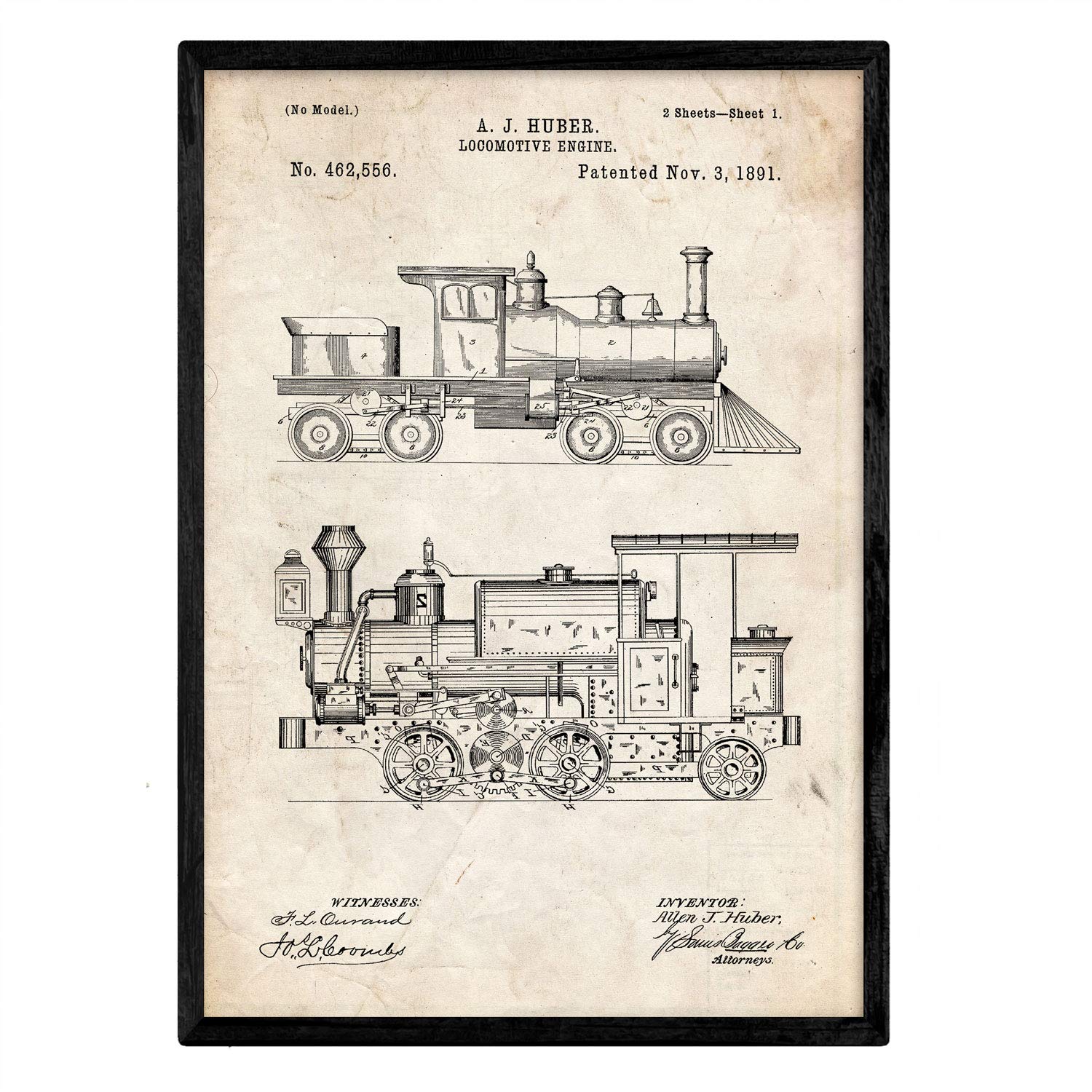 Nacnic Poster patent Locomotive. Sheet with old design patent in A3 size and vintage background