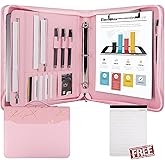 GraduatePro Zippered Leather Padfolio Portfolio Folder with Handle and Clipboard, 3-Ring A4 Size Interview Legal Conference Document Organizer, Business Card Holder Bag for Men/Women, Pink Marble