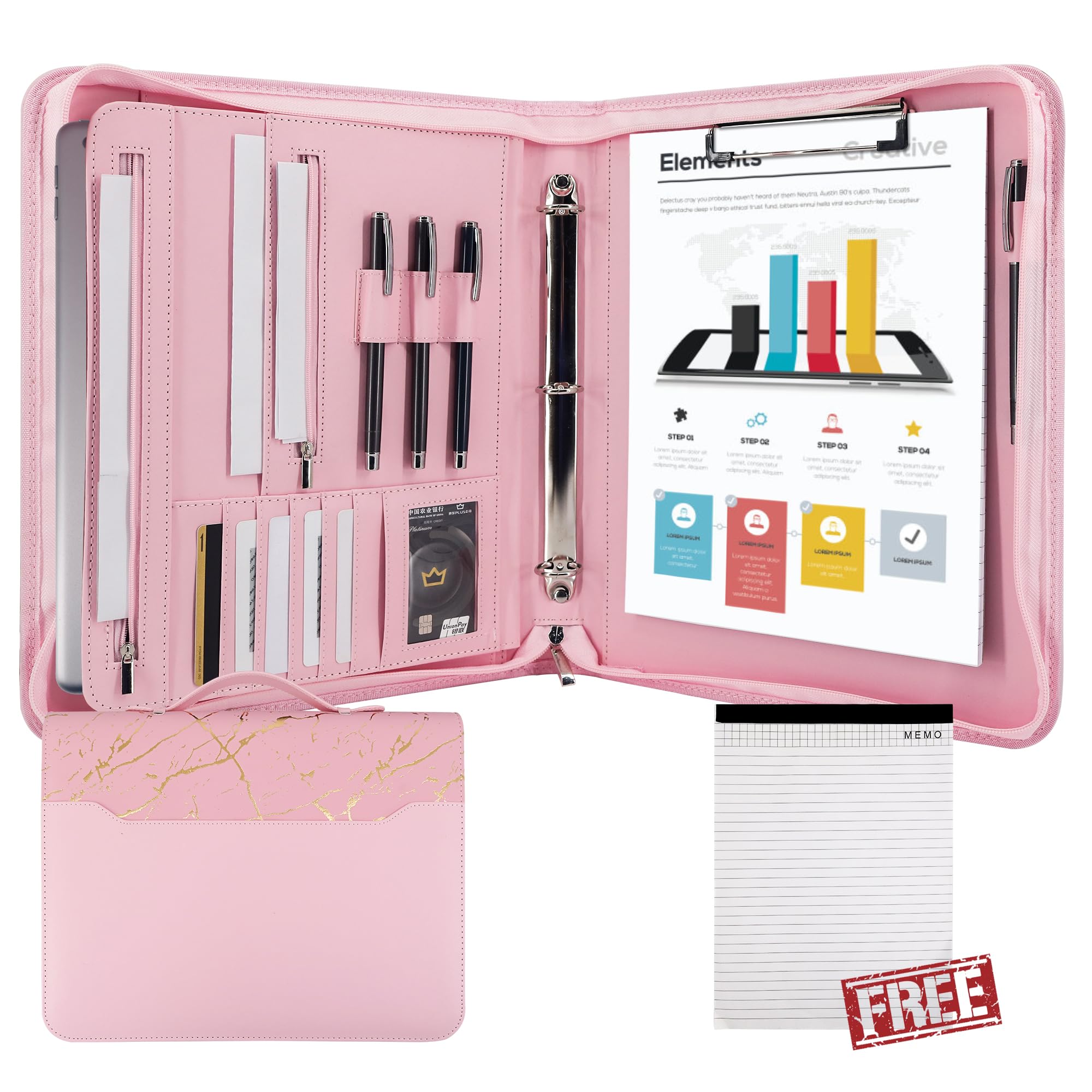 GraduatePro A4 Conference Folder with Handle and 3-Ring Binder, Waterproof Business Organizer Bag for Men/Women, Pink Marble