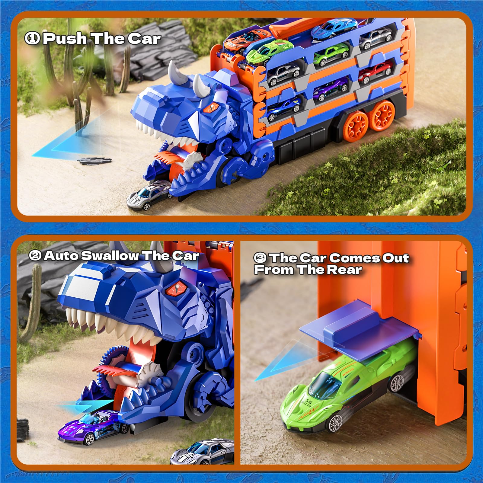 Toddler Car Truck Toys Gifts for 3 4 5 Years Old Boys, Toy Cars Track Set Dinosaur Transport Truck with 12 Pcs Die-Cast Cars Toys, Transforms into Dino, Toy Gifts for 3 4 5 6 Year Old Boys