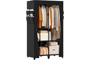 Jofuler Wardrobe Closet, Quick and Easy Assembly, Black Portable Closet with 2 Hanging Rods 4 Storage Shelves and 8 Side Pockets, Sturdy and Stable Clothes Rack with Cover, for Bedroom and Dormitory