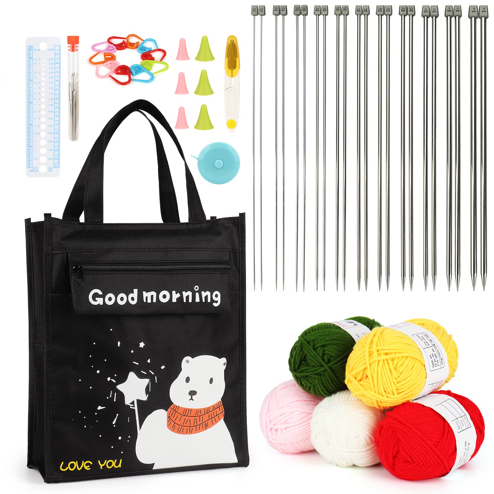 Aeelike Knitting Kit, Knitting Set with 11 Pairs of Metal Knitting Needles Set 25cm, Yarns and Knitting Tools, Beginners Knitting Kit for Adults, Kids Knitting Starter Kit with Cute Bear Tote Bag