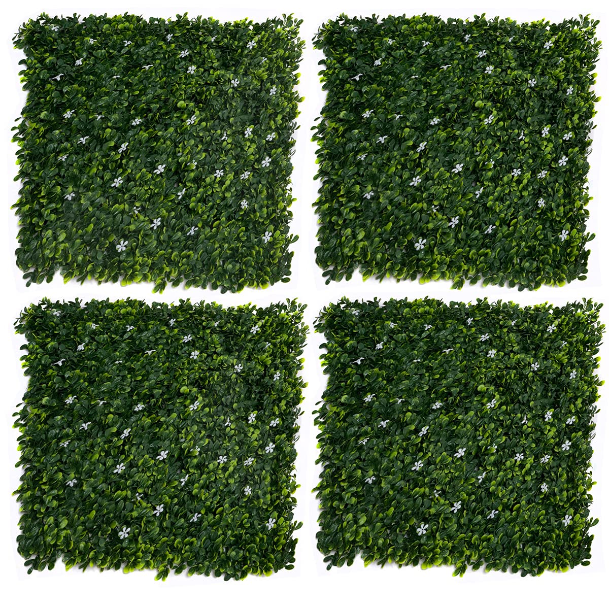 GreenBrokers White Artificial Green Wall Hedge with Small Flowers (Pack of 4) -UV Stable Vertical Garden