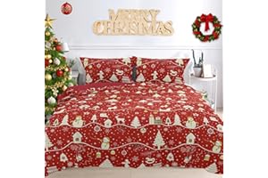 COSEVIER Christmas Duvet Cover King Size - Santa Reindeer and Tree Pattern Design Cute Xmas Bedding Duvet Cover with Button Closure for Christmas New Year Holidays, Red 104x90 Inch