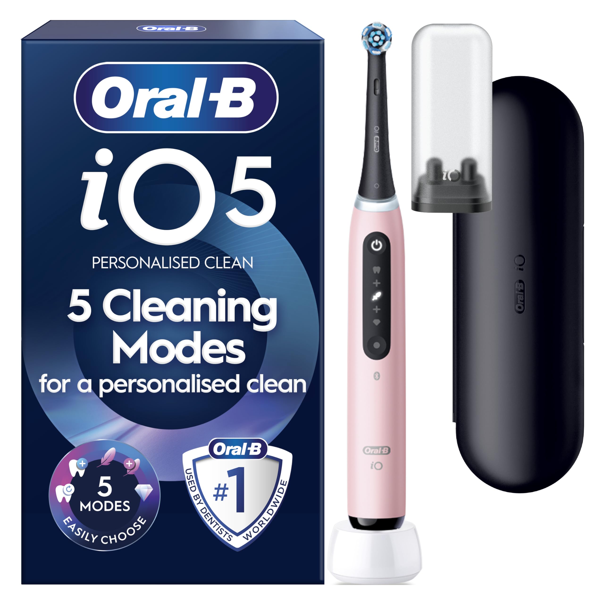 Oral-B iO5 Electric Toothbrushes For Adults, 1 Toothbrush Head & Travel Case, 5 Modes With Teeth Whitening, UK 2 Pin Plug, Pink