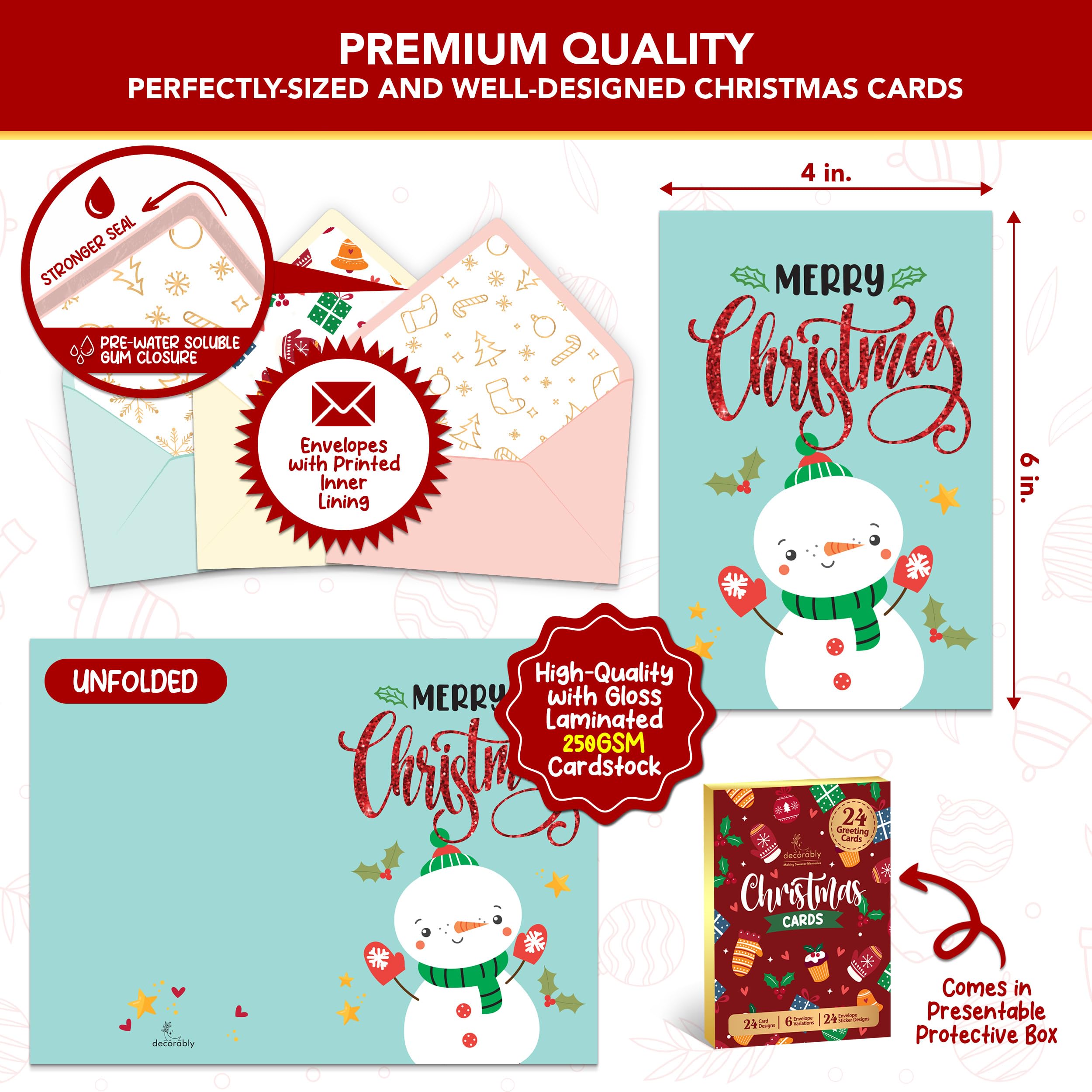 Decorably 24 Pack Foiled & Glittery 6x4in Assorted Box Christmas Cards with Envelopes and Stickers, 24 Festive Designs Christmas Card Set with Printed Message Inside