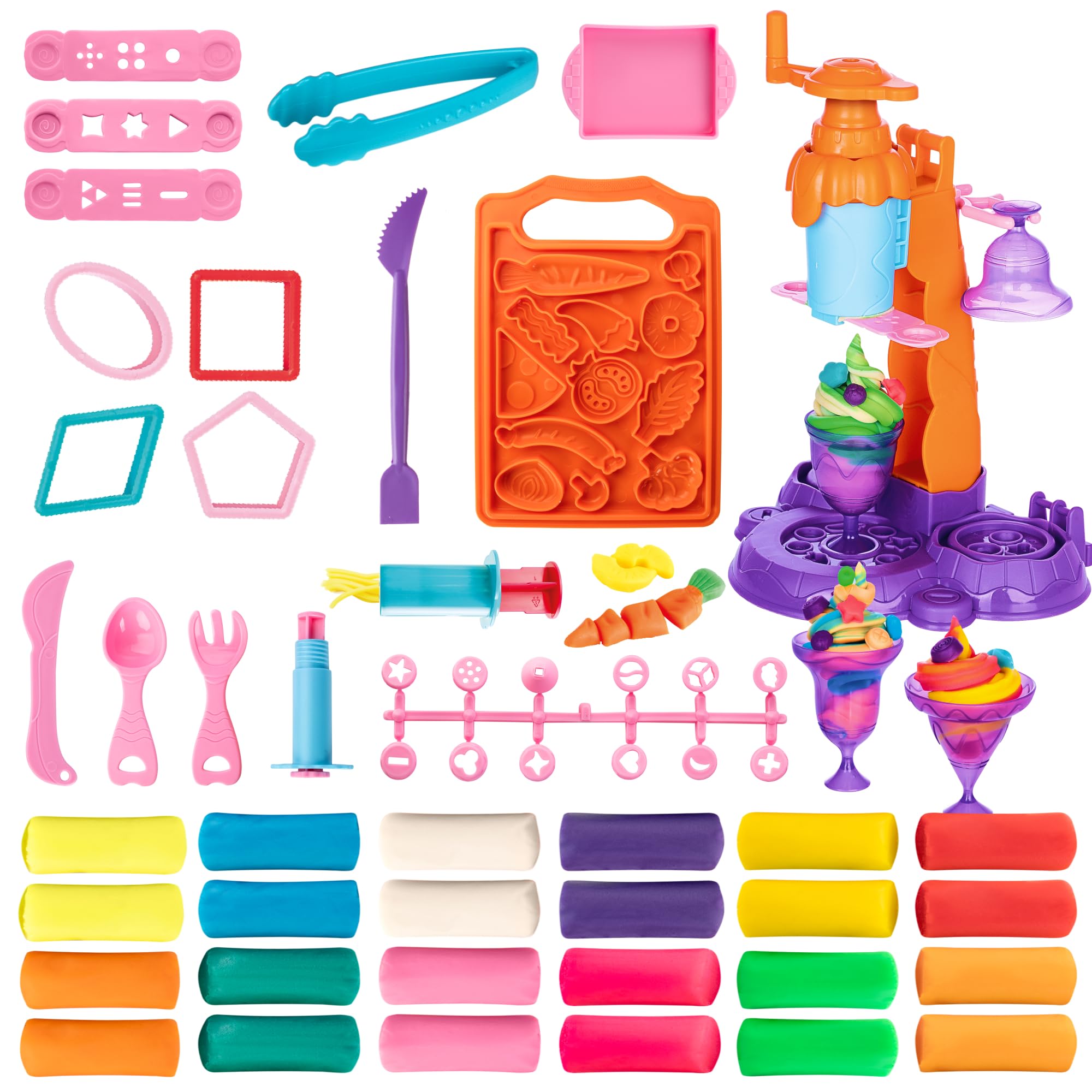 Genio Kids Play Colour Dough Ice Cream Shop Set - 47-Piece Modelling Clay Kit with Ice Cream Maker Toy for Kids Ages 3 4 5 6 7 8 - Creative Gift for Boys and Girls, Modelling Dough