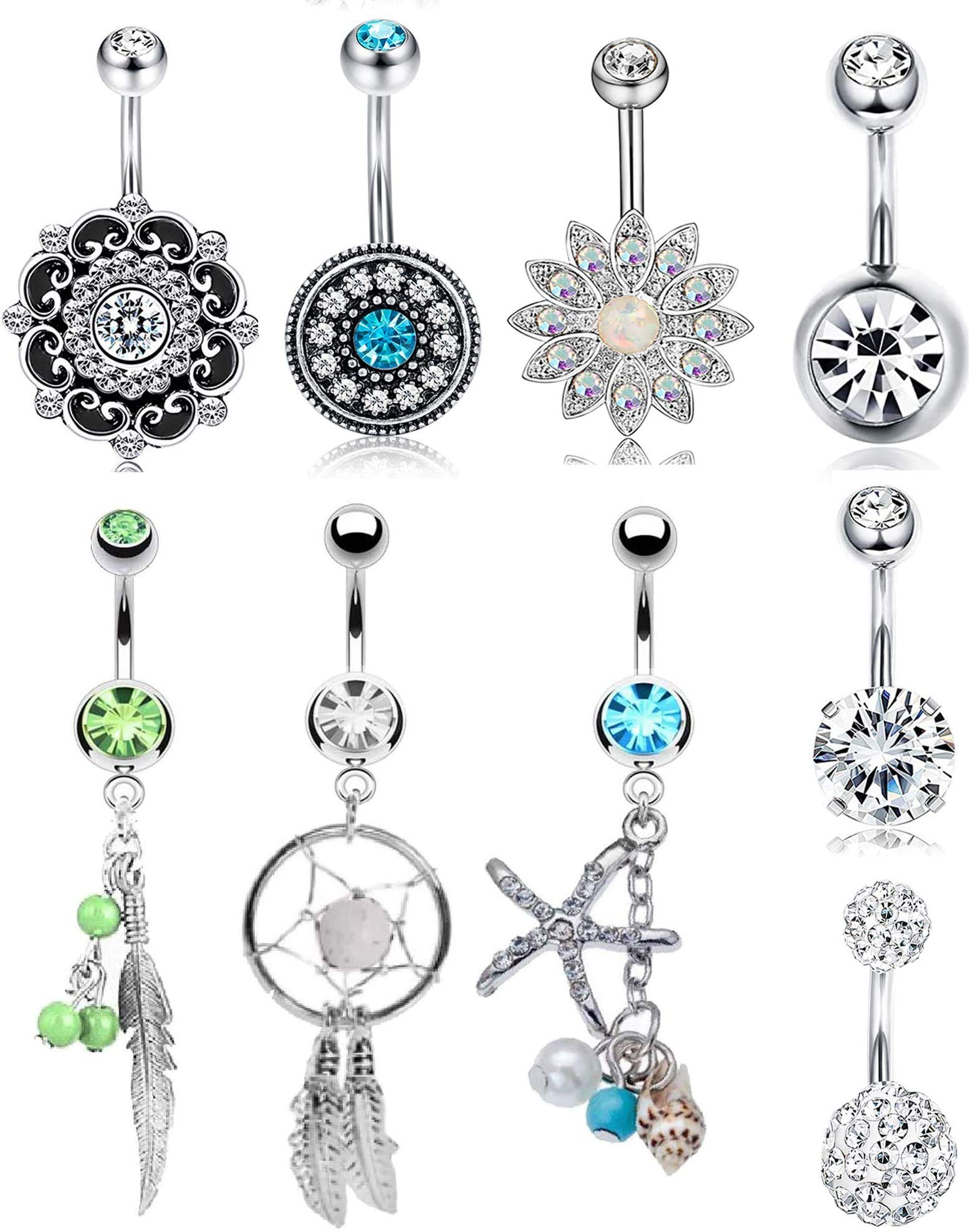 Yadoca 8 Pieces 14G Stainless Steel Dangle Belly Button Rings Women Girls Curved Navel Barbell Body Jewellery Piercing CZ Inlay