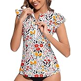 WOWENY Women’s Swim Shirts Rash Guard UPF 50 Sun Protection Zipper Tankini Tops Ruffle Sleeve Bathing Suit No Bottom