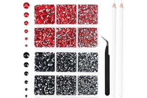 OUTUXED 5040pcs Black and Red Rhinestones Set 6 Mixed Size Hotfix Rhinestones for Halloween Costume Accessory, Crafts Flatback Crystal with Tweezers and Picking Rhinestones Pen 2-6.5mm
