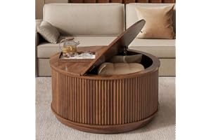 LYNCOHOME Round Coffee Table, Round Wooden Coffee Table with Storage, Fluted Modern Coffee Tables for Living Room Home Office