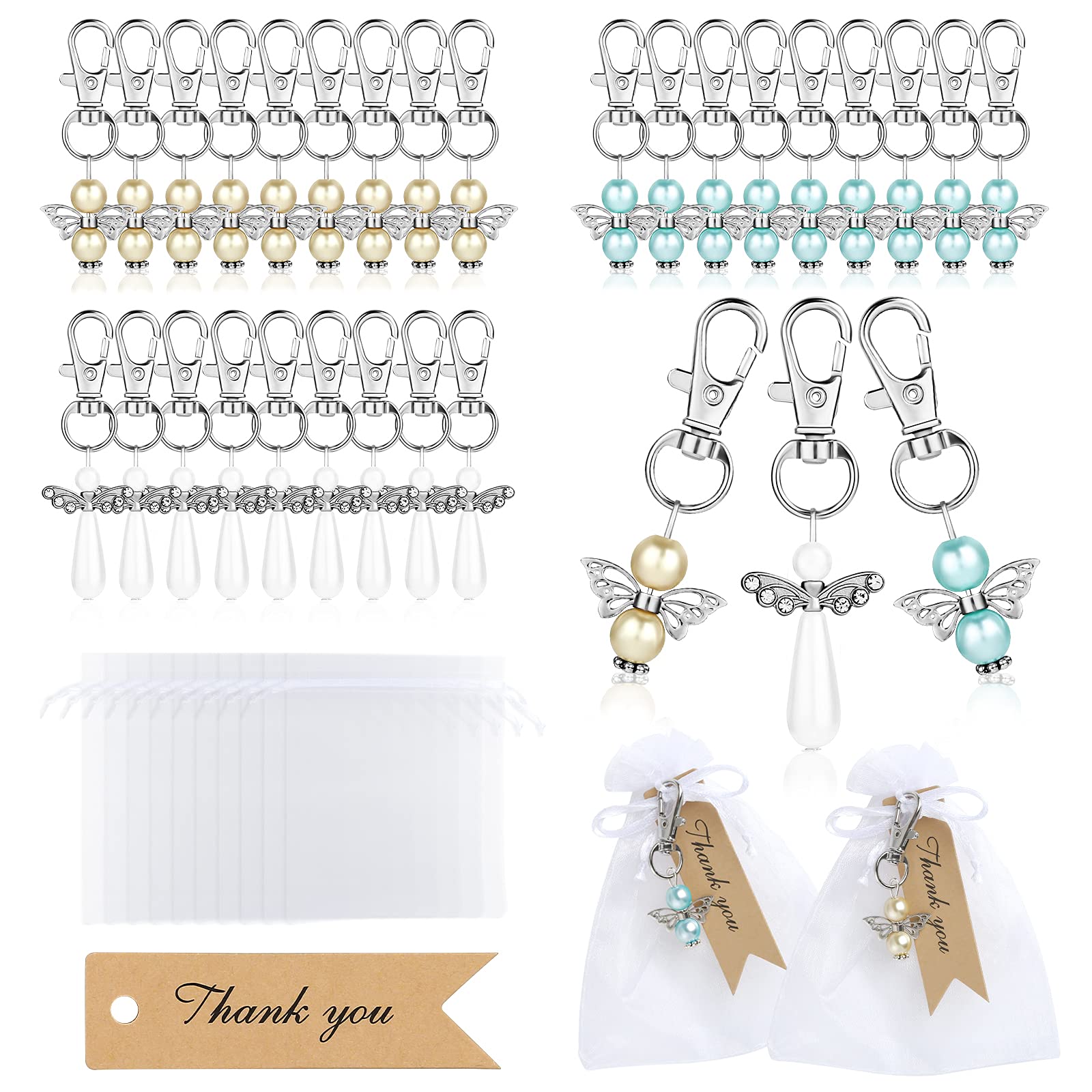 GWHOLE 90pcs Guardian Angel Keychains with 30 Angel Keyrings 30 Organza Bags 30 Thank You Tags, Thank You Gifts for Teacher Nurse Guests Baby Shower Wedding Christening