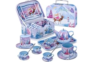 Tea Party Sets for Toddlers 3-5,PRE-WORLD Princess Tea Time Toy with Tray, Teapot, Tea Cups, Cream Pitcher, Sugar Bowl, Coasters, Plates，Kids Kitchen Pretend Play for Girls Boys Age 3 4 5 6