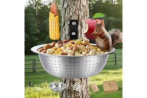 Ofasixx Squirrel Feeder with Metal Drainage Bowl, Squirrel Feeders for Outside, 8.5" Removable Bowl Easy to Clean/Refill, 2 Squirrel Corn Cob Spikes for Various Food, Tree/Fence Mount,Notebook(Brown)