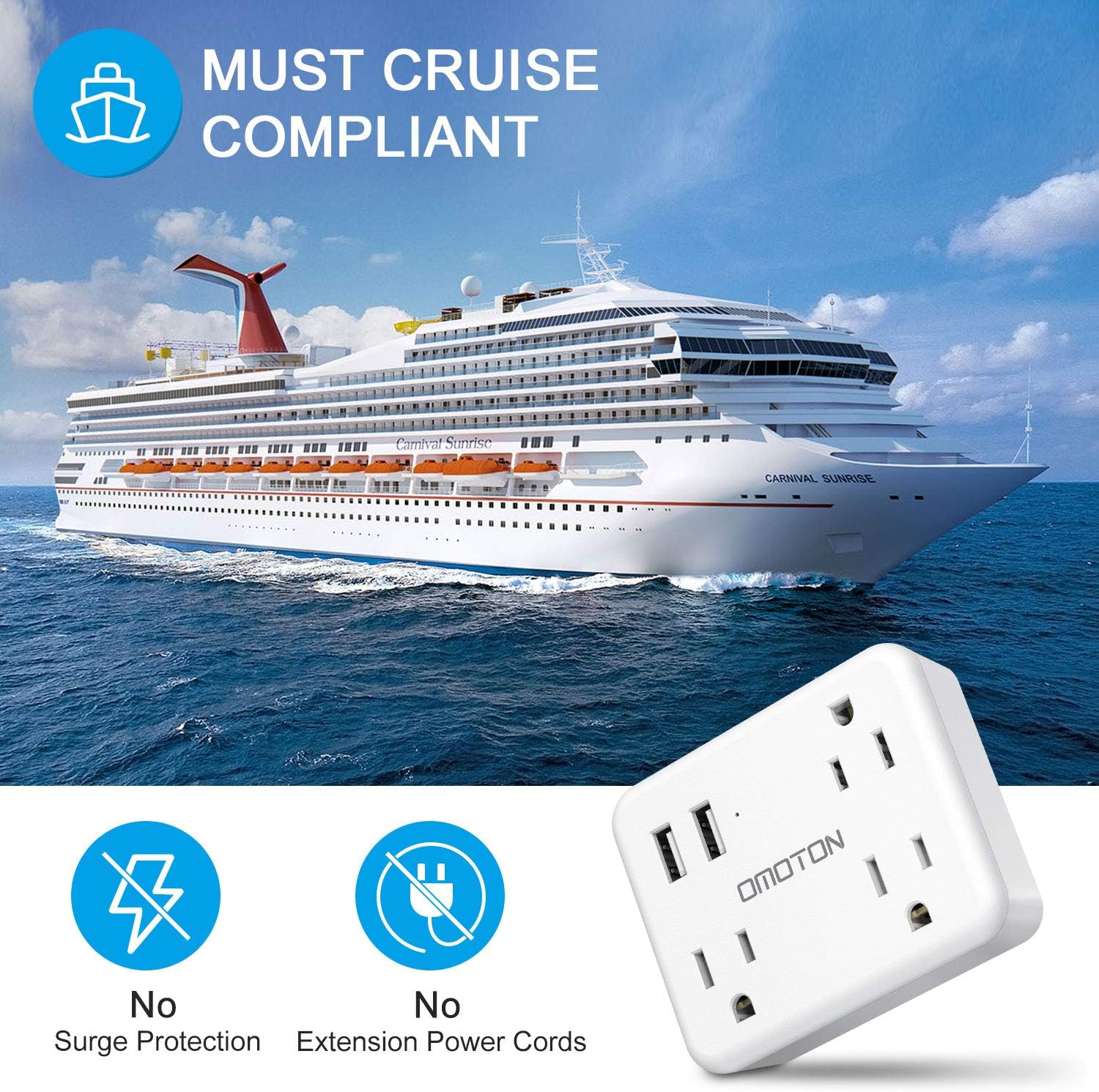 Cruise Power Strip No Surge Protector, OMOTON Travel Wall Tap with 3 Outlets & 2 USB Charging Ports,Travel Cruise Ship Accessories Must Have, Ultra Compact for Travel Home Hotel office-White: Home Audio & Theater
