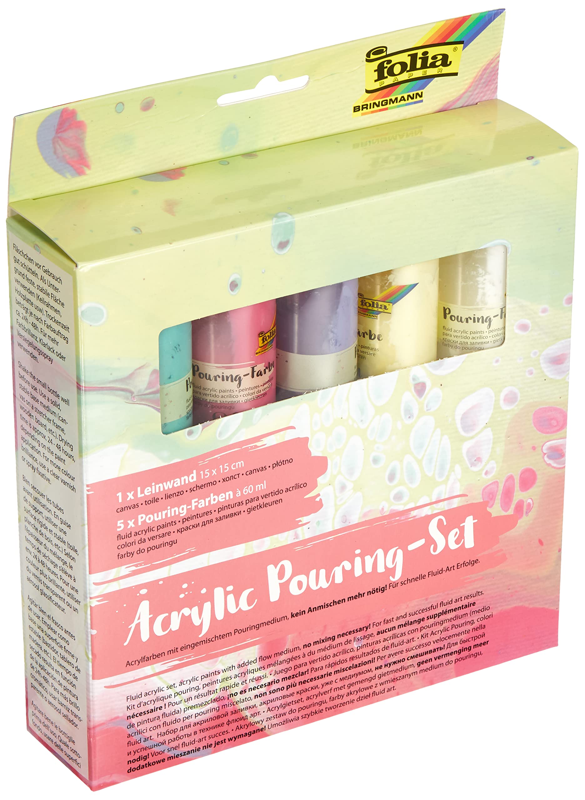 Folia Acrylic Pouring Set II Pastel with 5 Colours of 60 ml and 1 Canvas Approx. 15 x 15 cm