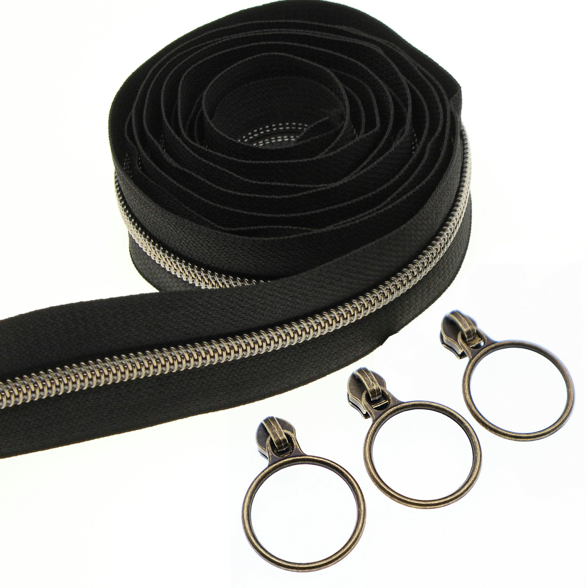Leekayer #5 Antique Brass Metallic Nylon Coil Zippers by The Yard Bulk 10 Yards Black Tape With 25pcs Black-Antique Brass Sliders for DIY Sewing Tailor Craft Bag