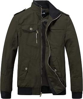 Wantdo Men's Military Jacket Casual Bomber Jacket Stand Collar Canvas Jacket Windbreaker