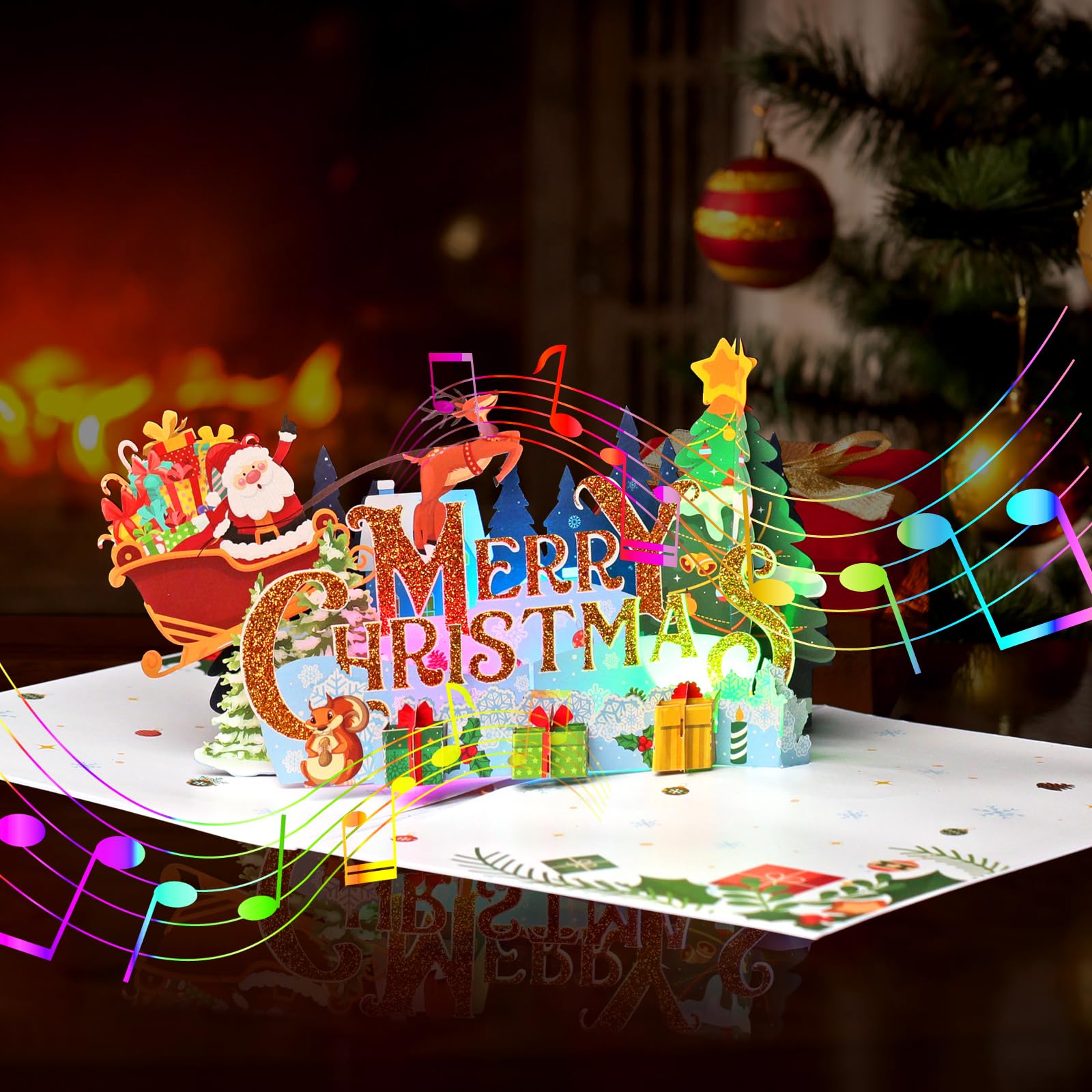 Yinqing Merry Christmas Cards, Light and Music Christmas Card, 3D Pop Up Xmas Greeting Card for Women Men Kids Husband Wife Mom Dad Daughter
