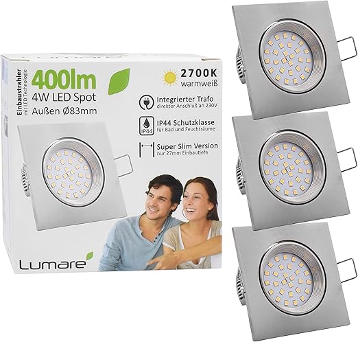 3x Lumare Led Einbaustrahler 4w 400 Lumen Ip44 Nur 27mm Extra Flach Einbautiefe Led Leuchtmodul Austauschbar Deckenspot Ac 230v 120 Deckenlampe Einbauspot Warmweiss Silber Eckig Badezimmer Amazon De Beleuchtung