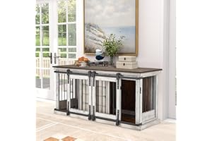 Erinnyees Large Dog Crate Furniture, 62.5'' Solid Wood Furniture Style Dog Crate with Removable Divider, Bite Resistant Dog Kennel Indoor, Dog Cage with Double Sliding Barn Door Design, White