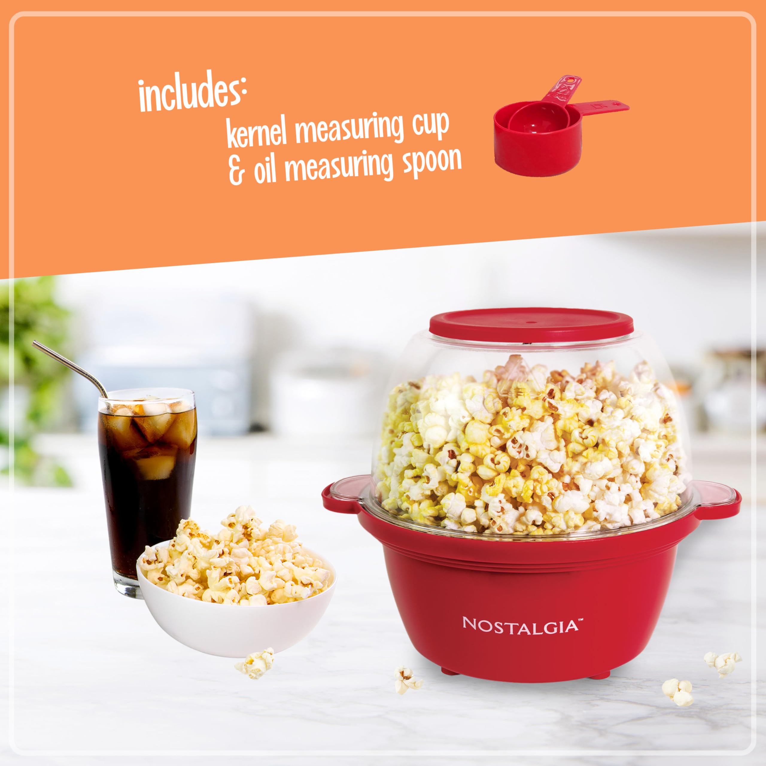 Nostalgia Electric Non Stick Stirring Popcorn Maker for 8 Cups of Theater Style Popcorn with Hot Oil - Dual-Use Lid & Serving Bowl Cool Touch Handles - Easy to Store - Red
