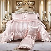 Pink Queen Comforter Set Silk Like Satin Bedding Set 4 Pcs Hotel Soft Polyester Satin Bed Set Luxury Silky Body Pillow Cover Ruffle Down Comforter Home Decor