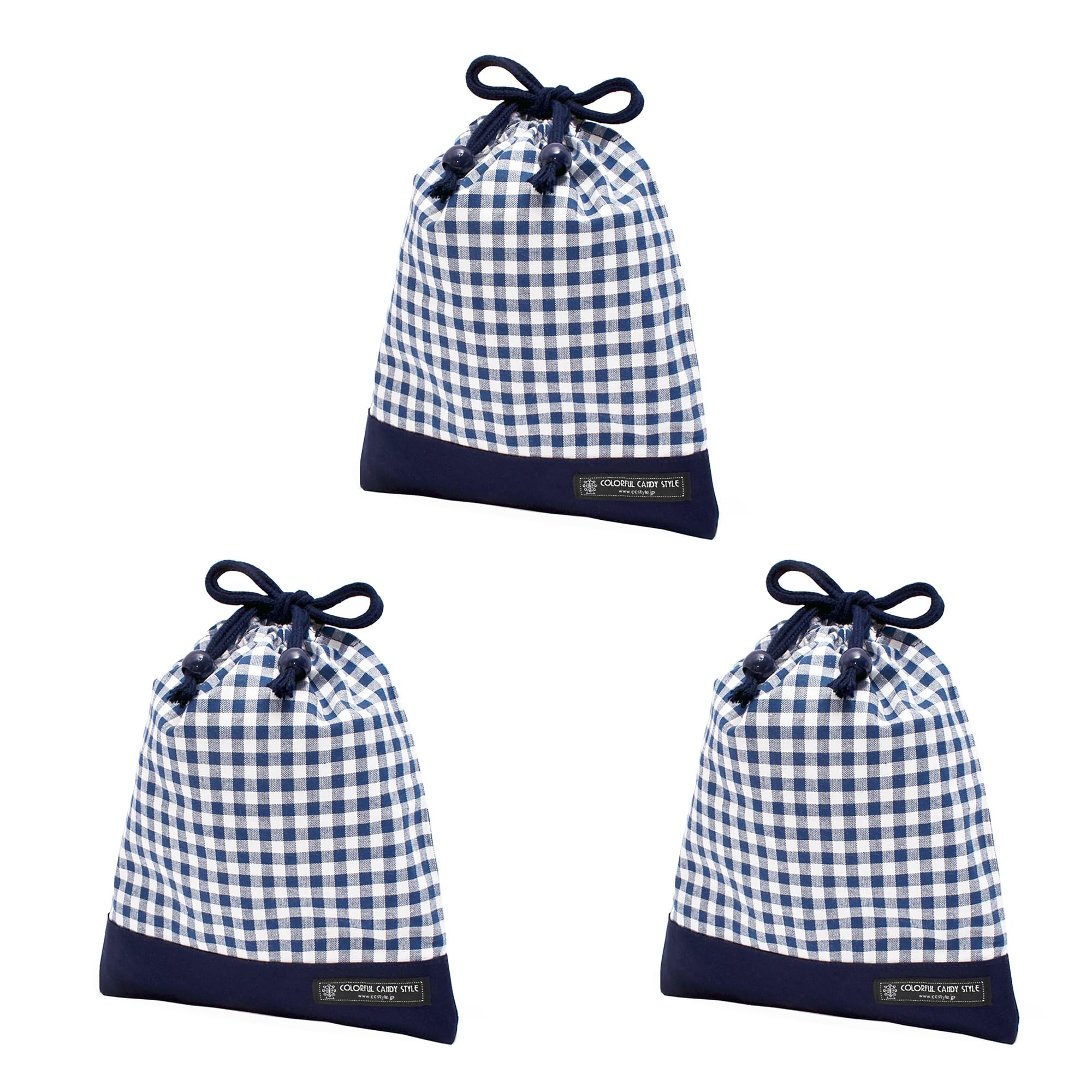 COLORFUL CANDY STYLE 巾着 中 マチ無し給食袋(ネームタグ付き) チェック大・紺 3枚セット 男の子 かっこいい 子供用 巾着袋 中 小学校 給食 袋 小学生 入学 道具袋 巾着 マチ 幼稚園 かわいい N7006203 の商品画像