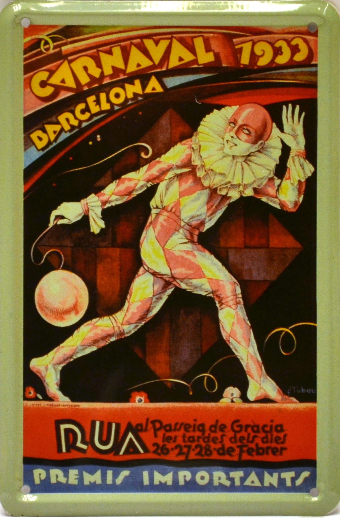 ART ESCUDELLERS Magnet tin poster sign, with retro vintage design from Catalunya/Spain. Tin sign. 4,33" X 2,76" (CARNAVAL DE BARCELONA 1933)