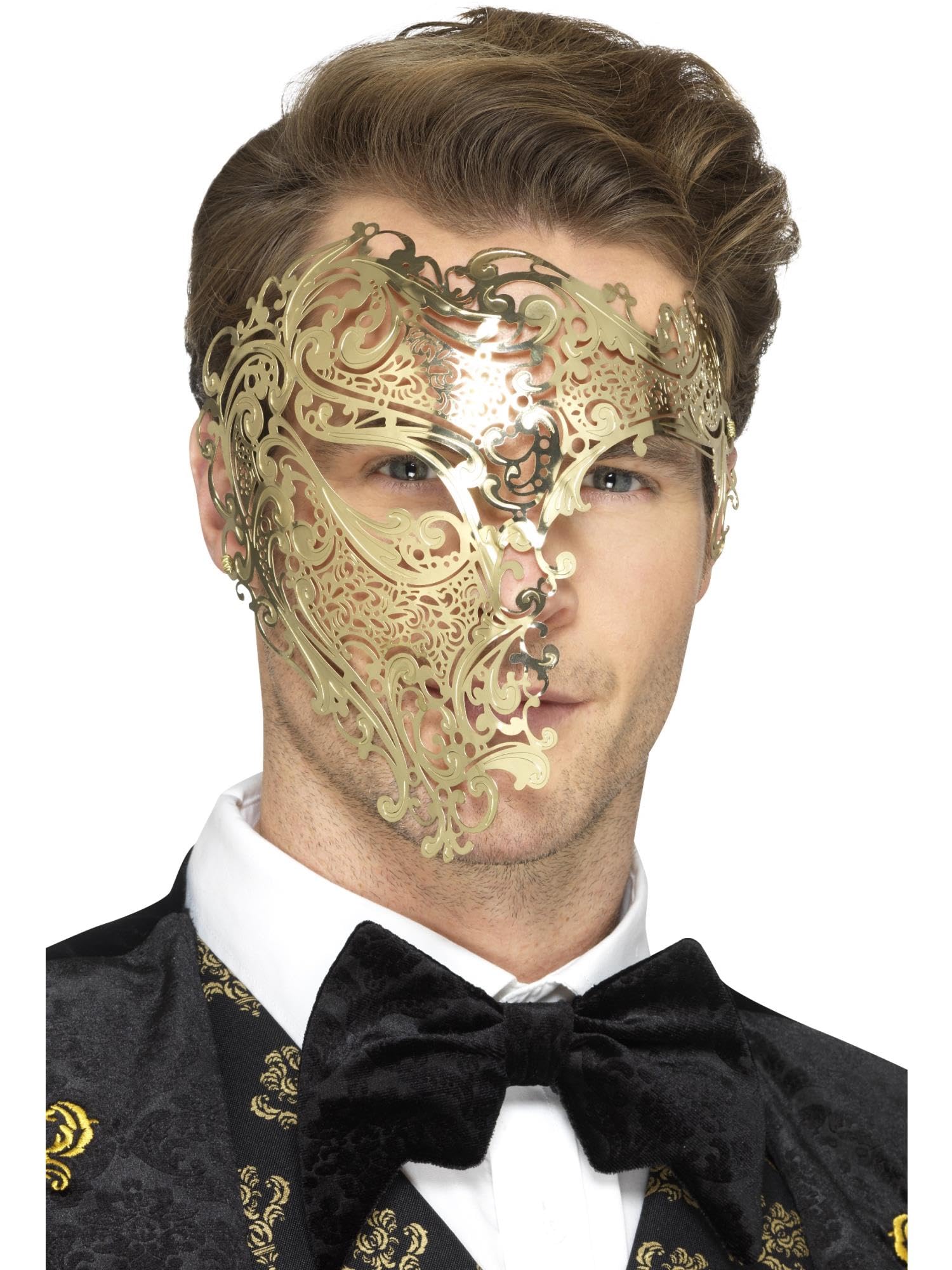 Smiffys Deluxe Metal Filigree Phantom Mask, Gold , Eyemasks Fancy Dress, Adult Dress Up Eye masks Halloween